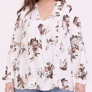 Torrid | White & Floral Eyelet Cut-Out V-Neck Long Sleeve Peasant Top
